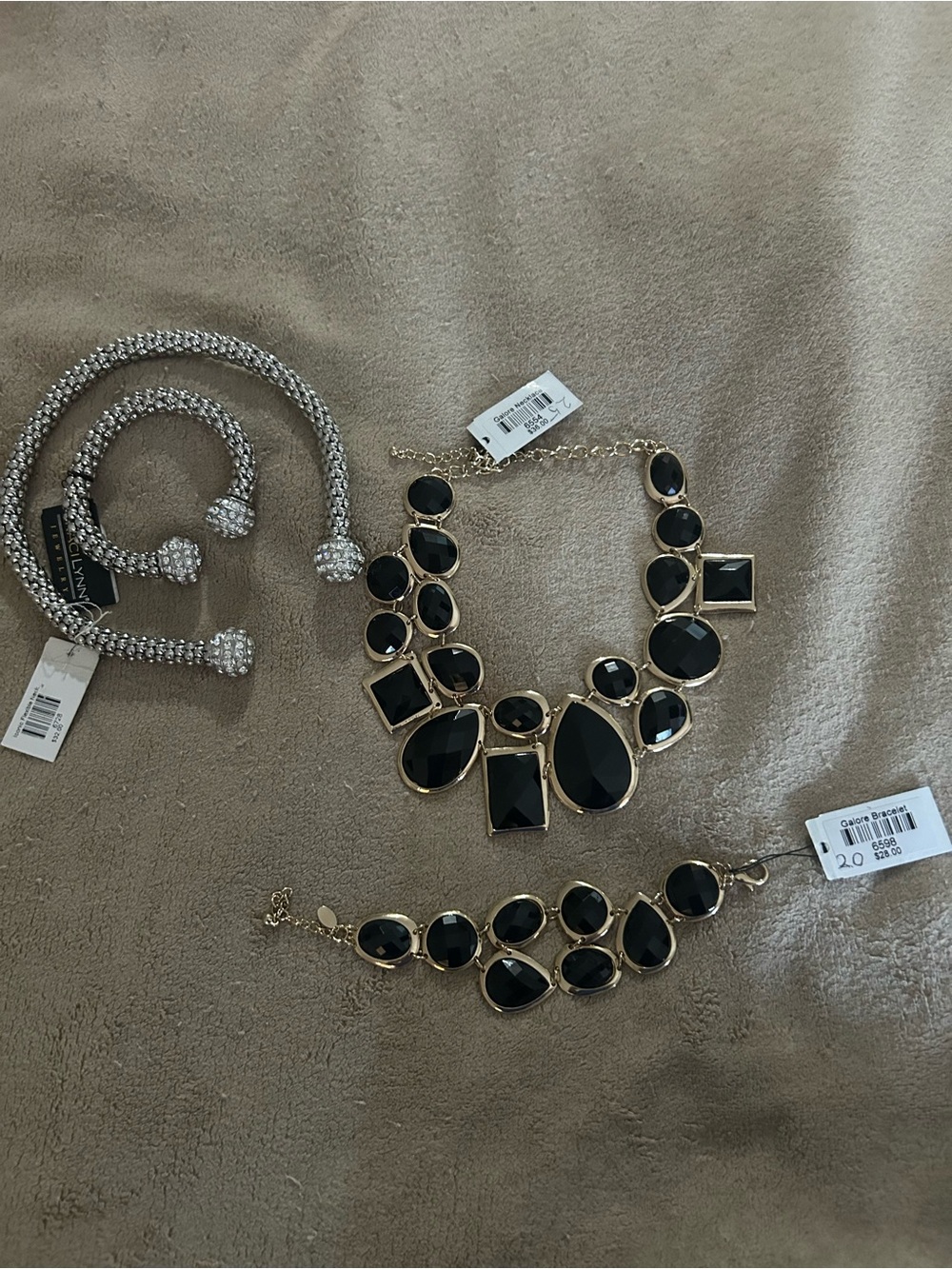 Two Sets - Gold-Tone Black Stone Necklace & Bracelet Set, Iconic Flexible Neckla